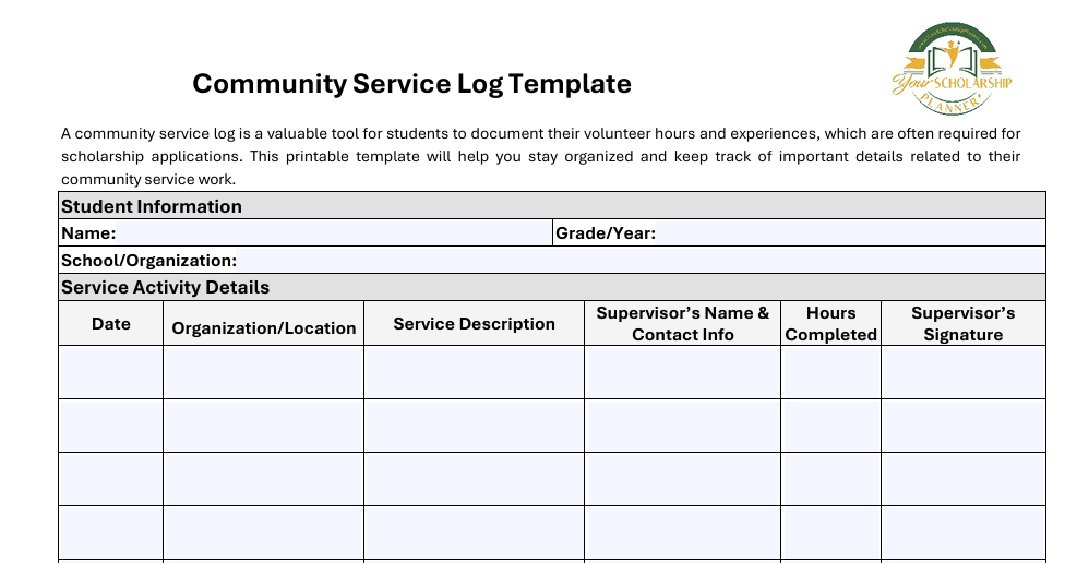 PDF Fillable Community Service Template – YourScholarshipPlanner